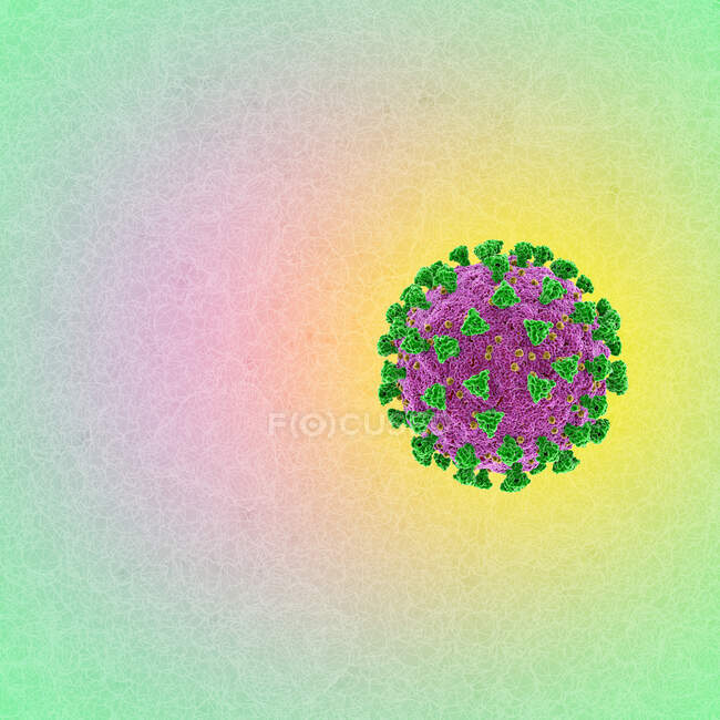 Particella di Covid-19 coronavirus, illustrazione del computer. Il nuovo coronavirus SARS-CoV-2 (precedentemente 2019-CoV) è emerso a Wuhan, in Cina, nel dicembre 2019 — Foto stock