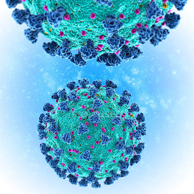 Covid-19 коронавірусні частинки, комп'ютерна ілюстрація. Новий коронавірус SARS-CoV-2 (раніше 2019-CoV) з'явився в Ухані, Китай, в грудні 2019 року. — стокове фото