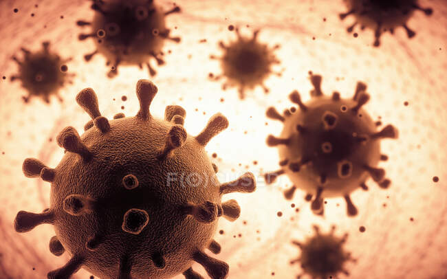 Covid-19 particelle di coronavirus, illustrazione al computer. Il nuovo coronavirus SARS-CoV-2 (precedentemente 2019-CoV) è emerso a Wuhan, in Cina, nel dicembre 2019 — Foto stock