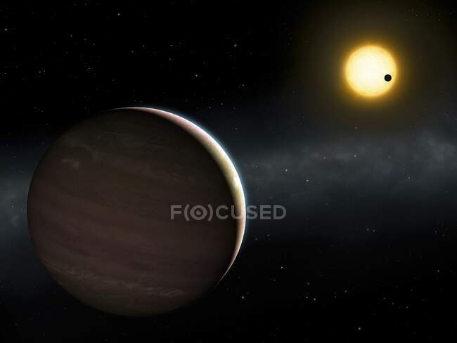 Оса-148 - жовта зоря, розташована за 800 світлових років від Землі в сузір'ї Геркулеса. Було знайдено дві планети на орбіті, які отримали назву WASP-148b і c. (WASP - міжнародний консорціум, відомий як Wide Area Search for Planets.) — стокове фото