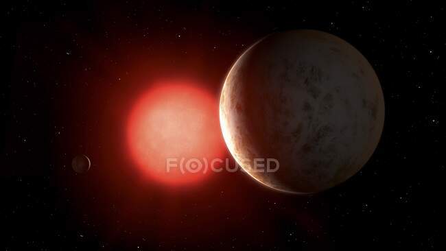 Mit 11 Lichtjahren Entfernung ist Gliese 887 einer der sonnennächsten Sterne. Als Roter Zwerg ist er dunkler als die Sonne und etwa halb so groß, was bedeutet, dass seine bewohnbare Zone viel näher an der Sonne liegt. — Stockfoto