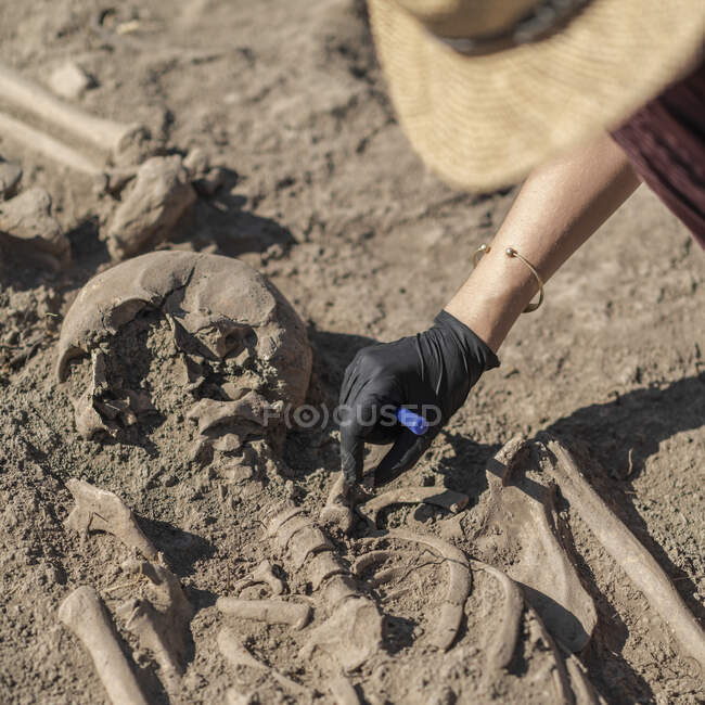 Arqueólogo escavando restos humanos antigos em um sítio arqueológico. — Fotografia de Stock