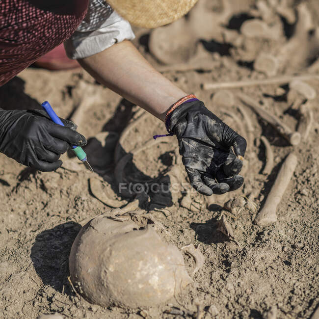 Arqueólogo escavando restos humanos antigos em um sítio arqueológico. — Fotografia de Stock