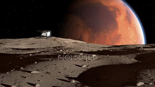 Obras de arte del MMX (Mars Moon Exploration) rover en la superficie de la luna marciana más interna, Phobos. MMX, desarrollado por JAXA (Agencia Japonesa de Exploración Aeroespacial) se lanzará en 2024 - foto de stock