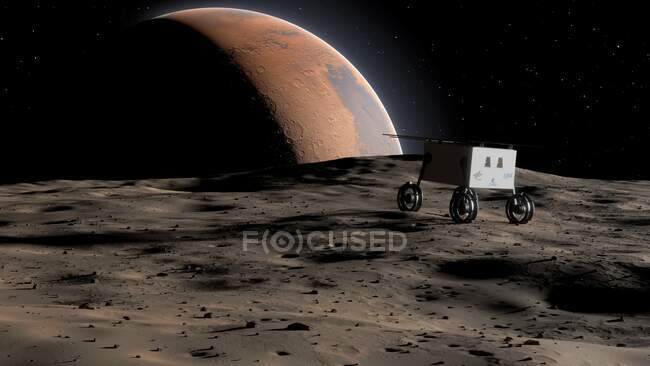 Oeuvre d'art du rover MMX (Mars Moon Exploration) à la surface de la lune martienne la plus intérieure, Phobos. MMX, développé par JAXA (Japanese Aerospace Exploration Agency) sera lancé en 2024 — Photo de stock