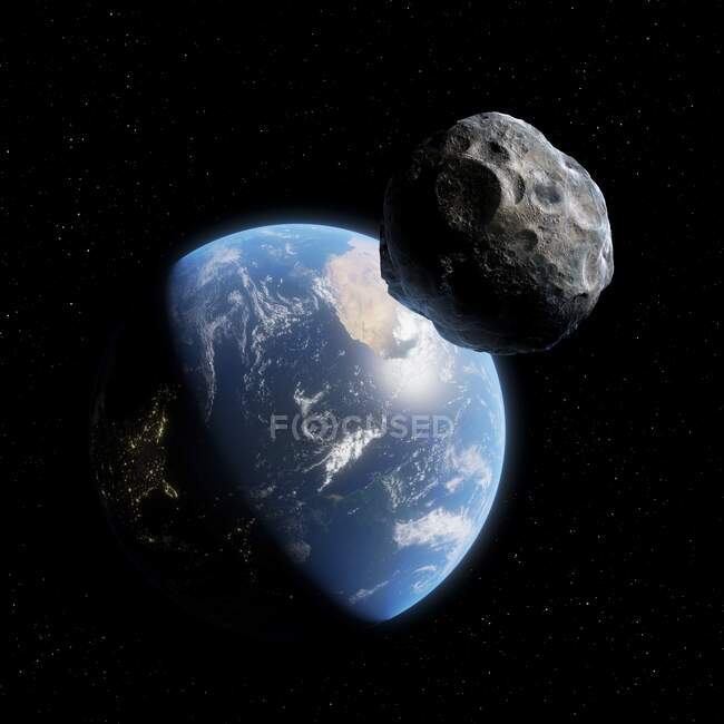 An asteroid approaches the Earth. Near-Earth asteroids are a constant threat to our planet. — Stock Photo