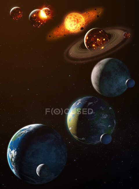 Illustration showing the stages in the formation of the Earth, up to the present day. The Earth formed 4.5 billion years ago. In the first stage seen here the Earth is already a molten ball of rock — Stock Photo