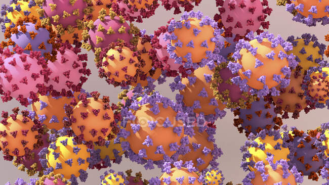 Ilustração conceitual das variantes do coronavírus SARS-CoV-2 com proteínas de pico variantes ligadas. — Fotografia de Stock