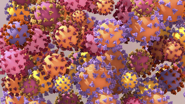 Illustration conceptuelle des variantes du coronavirus SRAS-CoV-2 avec des protéines d'enrichissement variantes attachées. — Photo de stock