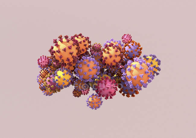 Концептуальная иллюстрация вариантов коронавируса SARS-CoV-2 с прикреплёнными к нему белками-шипами. — стоковое фото