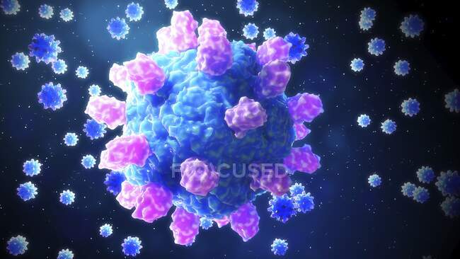 Частицы астровируса, иллюстрация. Астровирусы представляют собой небольшие вирусы, диаметром около 28 нанометров, впервые обнаруженные в 1975 году с помощью электронной микроскопии. — стоковое фото