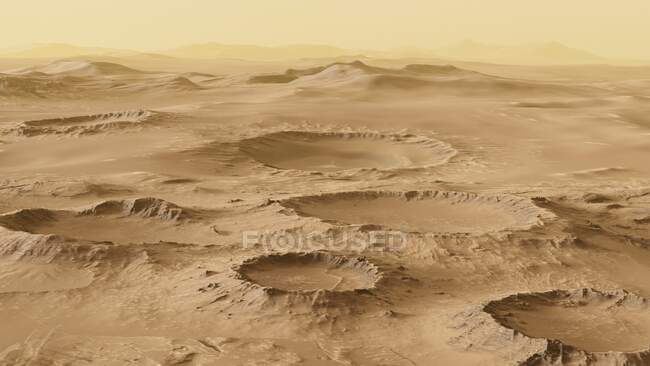 Illustration of the landscape of Mars, seen from an aerial perspective. The view shows a network of craters. — Stock Photo