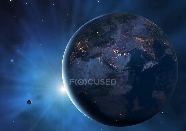 Иллюстрация Земли и Луны, показывающая большую часть планеты во тьме. Города блестят, определяя границы континентов. Эта точка зрения показывает Европу, Азию и Африку — стоковое фото