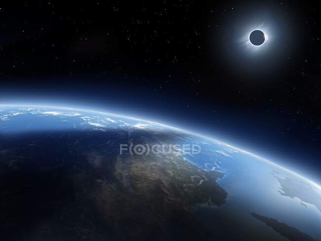Earth and solar eclipse. Artwork of the Earth in space looking down from an altitude of a few thousand kilometres, during a solar eclipse — Stock Photo
