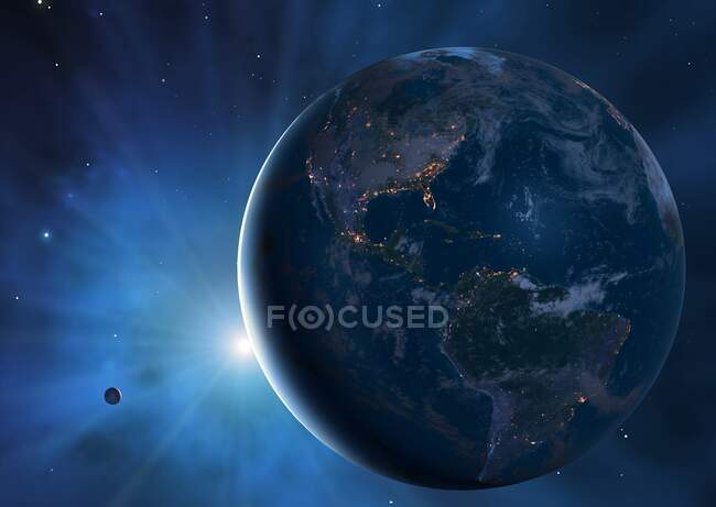 Illustration von Erde und Mond, die einen großen Teil des Planeten in Dunkelheit zeigt. Städte werden glitzernd gesehen und bestimmen die Ränder der Kontinente — Stockfoto