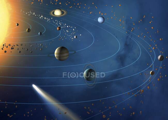 Oeuvre du système solaire, montrant les trajectoires des huit planètes majeures en orbite autour du Soleil, ainsi que Pluton et Eris, qui sont des planètes naines. Les quatre planètes intérieures sont, de l'intérieur à l'extérieur, Mercure, Vénus, Terre et Mars — Photo de stock