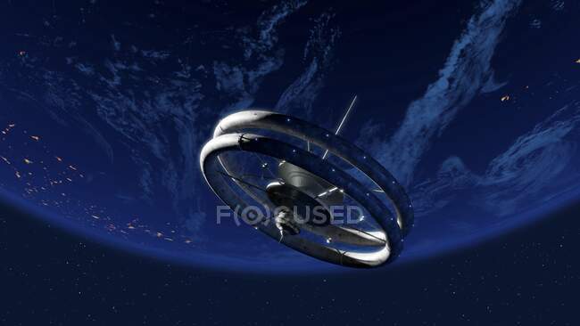 Space hotel. Artwork of a futuristic space hotel in Earth orbit. The structure is circular and spins at such a speed as to provide artificial gravity for its inhabitants. — Stock Photo