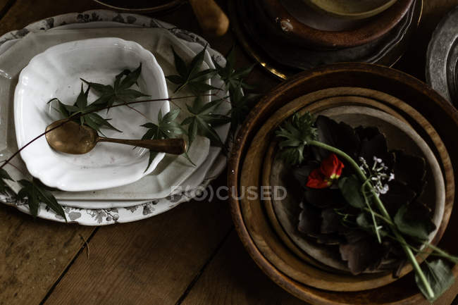 Leaves and petals in bowls — Stock Photo
