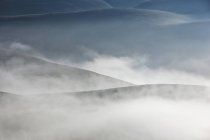 Niebla y nubes al amanecer en los prados de Vettore - foto de stock