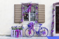 Dekoriertes Fahrrad steht an der Hauswand des venzone lavender village, friaul venezia giulia, italien — Stockfoto