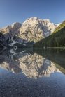 Braies Lake with first light morning light — Stock Photo