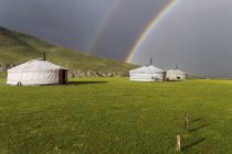 Regenbogen über typischen mongolischen Zelten — Stockfoto