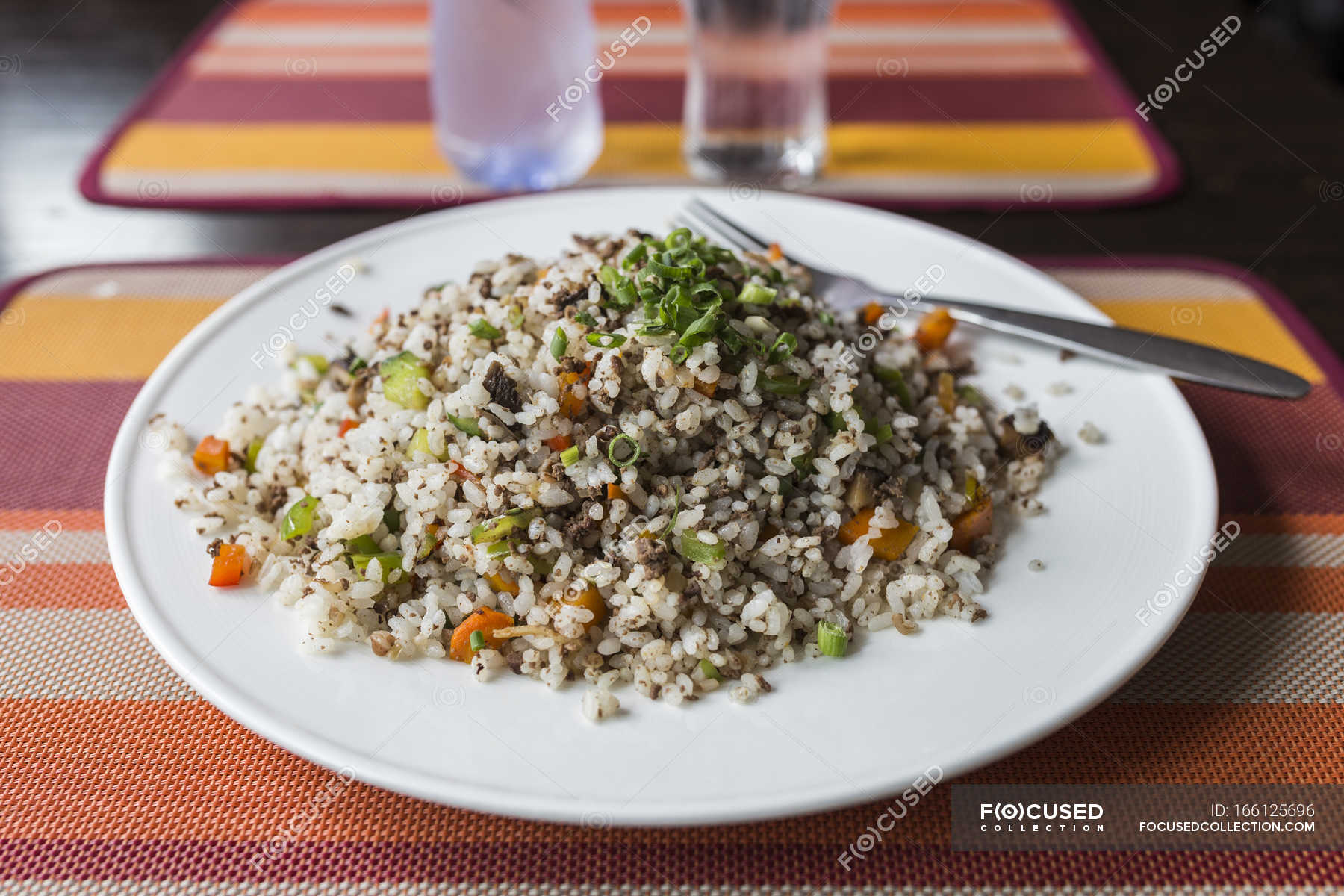 Mongolian meal with rice and mutton meat — indoor, vegetab - Stock ...