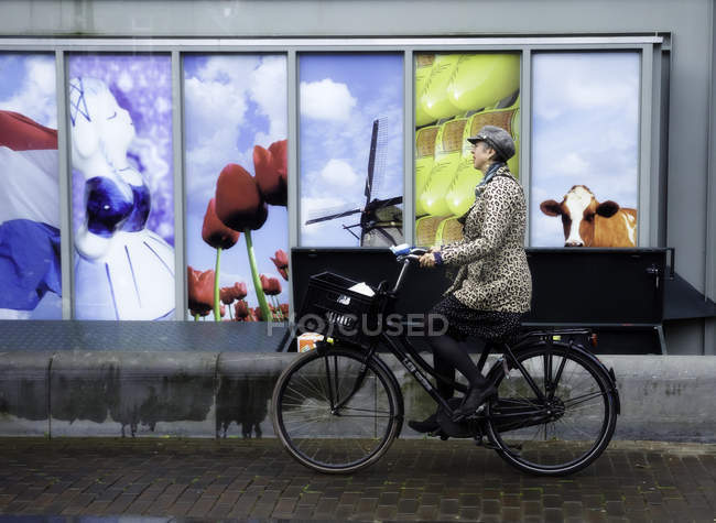 Amsterdam, Paesi Bassi - 18 giugno 2016: vista laterale della donna che guida in city bike — Foto stock