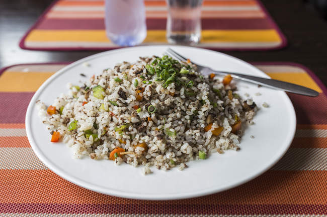 Монгольская еда с рисом и бараниной — стоковое фото