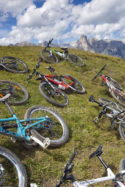 Bicicletas de montaña sobre hierba alpina - foto de stock