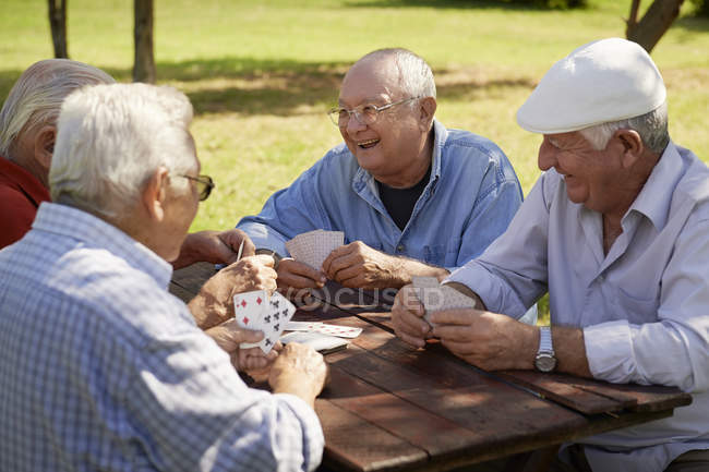 Idosos ativos, grupo de velhos amigos jogando cartas no parque — Fotografia de Stock