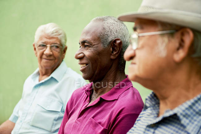 Grupo de velhos homens negros e caucasianos falando no parque — Fotografia de Stock