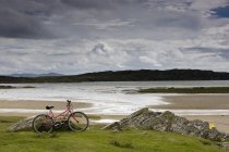 Велосипед на травяном пляже — стоковое фото