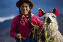 Cuzco, peru; peruanische Frau und ihr Lama (lama glama)) — Stockfoto