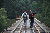 Randonneurs marchant sur les rails en Colombie-Britannique — Photo de stock