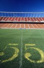 Linea centrale dello stadio di calcio sotto il cielo blu — Foto stock
