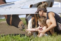 Мать и девочка кормят лошадей — стоковое фото