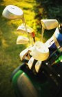Closeup of different golf clubs in golf car at course — Stock Photo