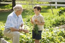 Nonno e nipote in giardino — Foto stock
