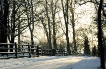 Estrada de Inverno com cerca de madeira — Fotografia de Stock