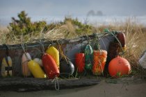 Variety Of Buoys Tied To Side Of Boat — Stock Photo