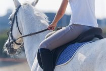 Mulher montando cavalo branco — Fotografia de Stock