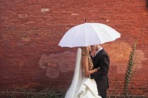 Novia y novio bajo paraguas - foto de stock