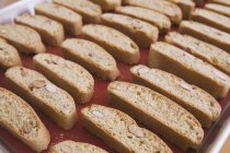 Linhas de Biscotti cozido no forno em uma folha de cozimento — Fotografia de Stock