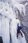 Mann Eis Klettern einen gefrorenen Wasserfall, Marmor-Schlucht, Marmor-Schlucht Provinzpark, britische Kolumbia, Kanada — Stockfoto