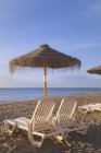Солнечные зонтики и пляжные кровати — стоковое фото