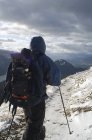 Excursionista en perro montaña - foto de stock