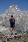 Escursionista maschio in piedi sulla cima — Foto stock