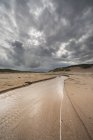 Águas rasas correndo sobre marcas de pneus em paisagem estéril. northumberland, Inglaterra — Fotografia de Stock