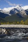 Rushing river with rocky banks and mountain range — Stock Photo